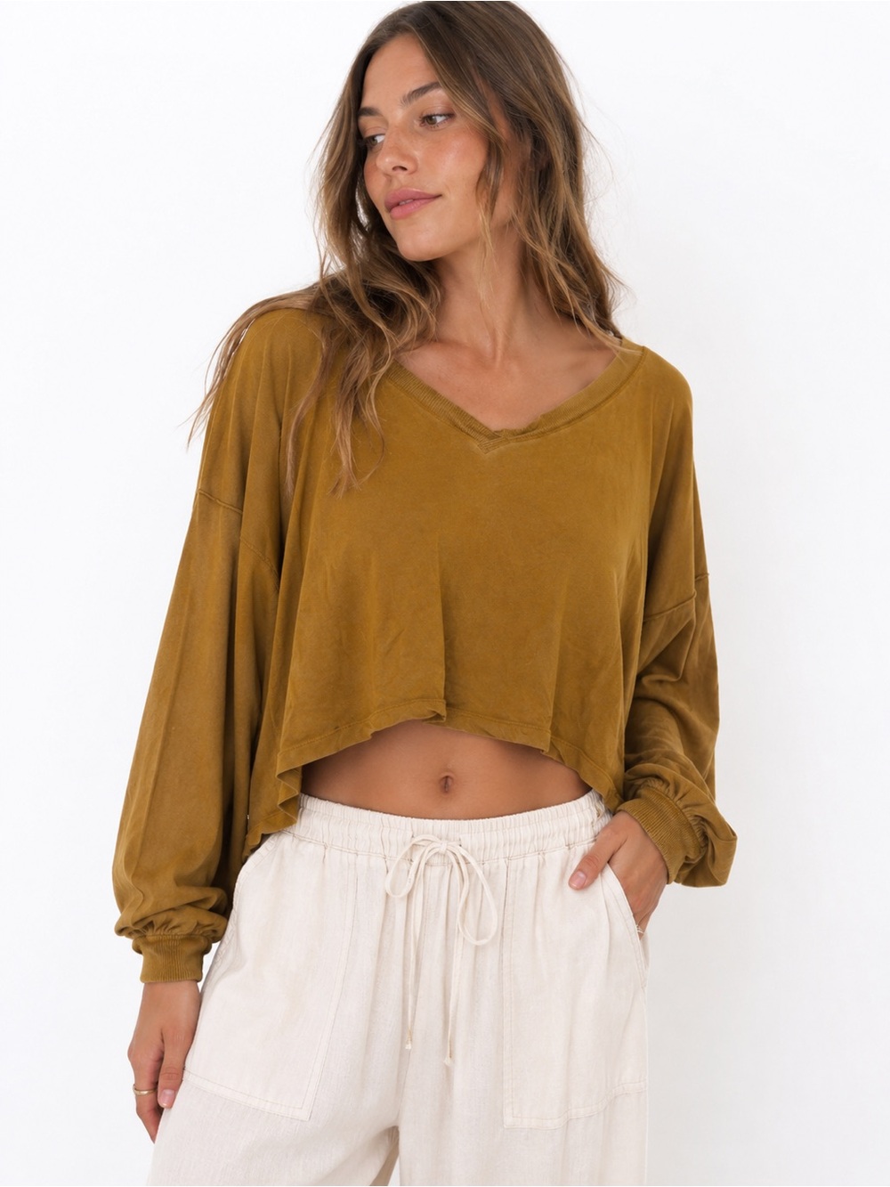 We The Free Cropped V-Neck Long Sleeve Top Mustard Brown Size Small